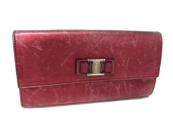 Salvatore Ferragamo フェラガモ ヴァラリボン レザー 二つ折り 長財布 ウォレット 札入れ 小銭入れ メタリックレッド系 DN5322