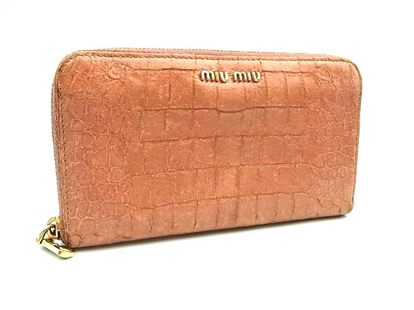 miumiu ミュウミュウ クロコダイル型押しレザー ラウンドファスナー 長財布 ウォレット 札入れ 小銭入れ ベージュ系 DM8064