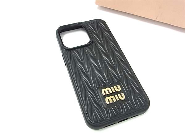 ■美品■ miumiu ミュウミュウ マテラッセ レザー iPhone13 Pro対応 アイフォンケース スマホケース ブラック系 FA0541