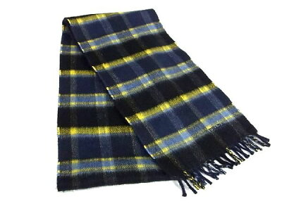 ■新品同様■ PRADA プラダ カシミヤ100% チェック柄 フリンジ マフラー メンズ レディース ネイビー系×イエロー系 AT5797
