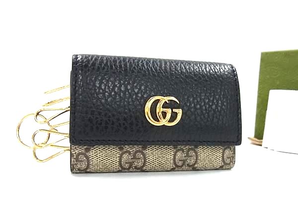 グッチ キーケース ■美品■ GUCCI グッチ 456118 GGスプリーム GGマーモント GG柄 PVC×レザー 6連 キーケース 鍵入れ ブラック系×ブラウン系 FQ2043