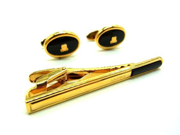 ■美品■ LANVIN ランバン ロゴモチーフ ネクタイピン アクセサリー ビジネス 紳士 2点セット メンズ ゴールド系 DE1352 冠婚葬祭 結婚式 葬式
