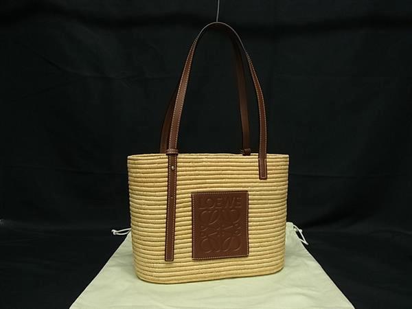肩背包 - ■美品■ LOEWE ロエベ アナグラム スクエアバスケット ラフィア×レザー トートバッグ ショルダー 肩掛け ベージュ系 FU2597