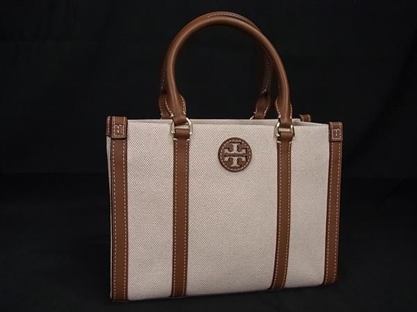 トリーバーチ ハンドバッグ ■新品同様■ TORY BURCH トリーバーチ キャンバス×レザー ハンドバッグ トートバッグ ベージュ系×ブラウン系 FA7386