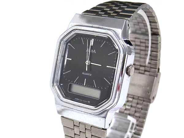 A, E, H, I, O, V, W - SEIKO セイコー V041-5000 アルバ SS クォーツ 生活防水 腕時計 ウォッチ レディース メンズ ブラック系×シルバー系 DM9570