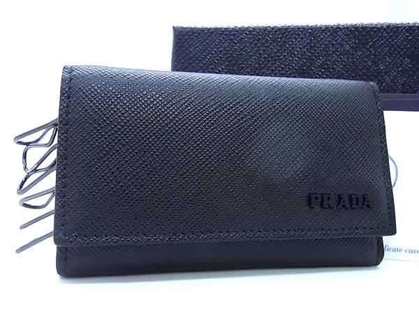 プラダ キーケース（メンズ） ■新品同様■ PRADA プラダ 2PG222 サフィアーノレザー 6連 キーケース 鍵入れ メンズ ブラック系 FA3866