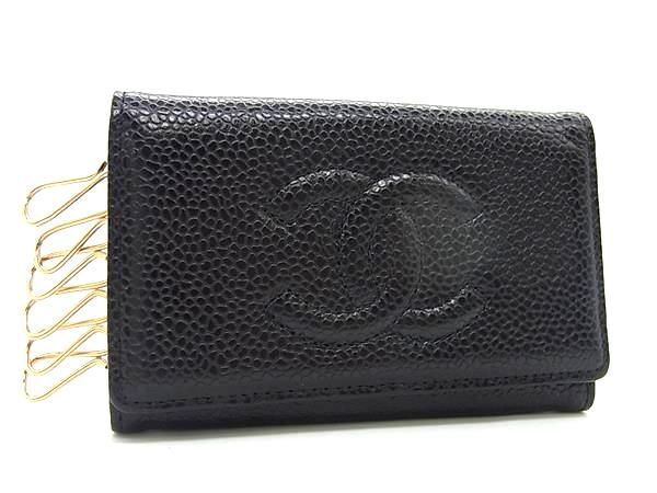 新品同様 CHANEL シャネル ココマーク キャビアスキン 6連 キーケース 鍵入れ レディース ブラック系 BG6466