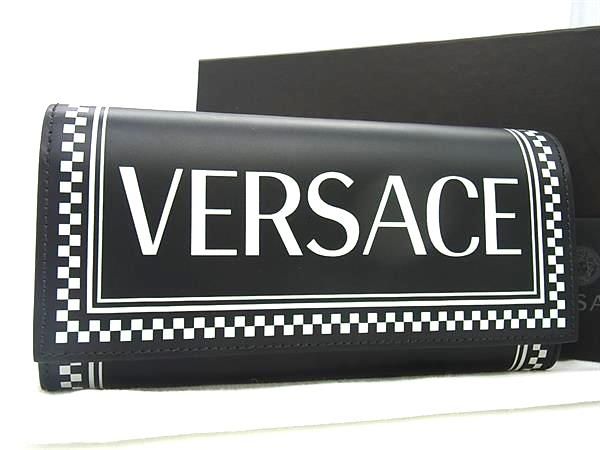 ヴェルサーチ 財布（レディース） ■新品■未使用■ VERSACE ヴェルサーチ 90sロゴ レザー 二つ折り 長財布 ウォレット メンズ レディース ブラック系 FA7892