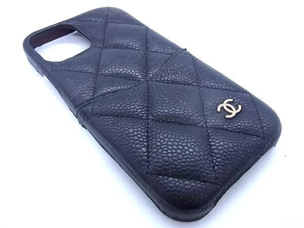 ■美品■ CHANEL シャネル ココマーク マトラッセ キャビアスキン iPhone13 対応 アイフォンケース スマホケース ブラック系 FA0103