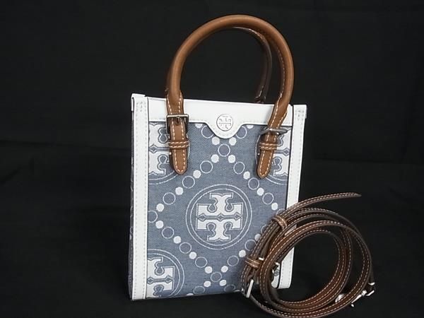 トリーバーチ ハンドバッグ ■極美品■TORY BURCH トリーバーチ レザー×キャンバス 2WAY クロスボディ ショルダー ハンドバッグ ホワイト系×ブルー系 AT4706