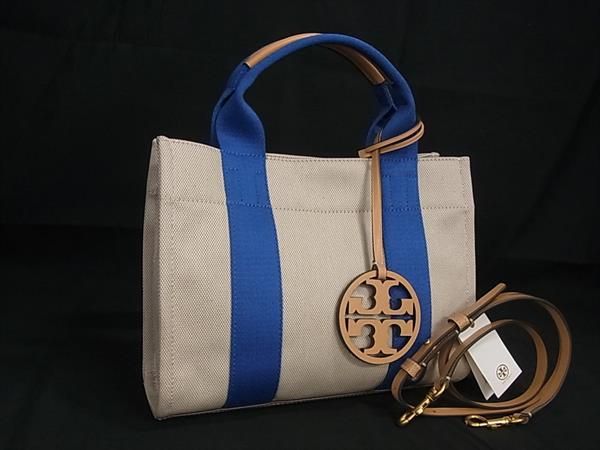 トリーバーチ ハンドバッグ ■新品同様■ TORY BURCH トリーバーチ キャンバス 2WAY ハンドバッグ ショルダー クロスボディ ベージュ系×ブルー系 AW5367