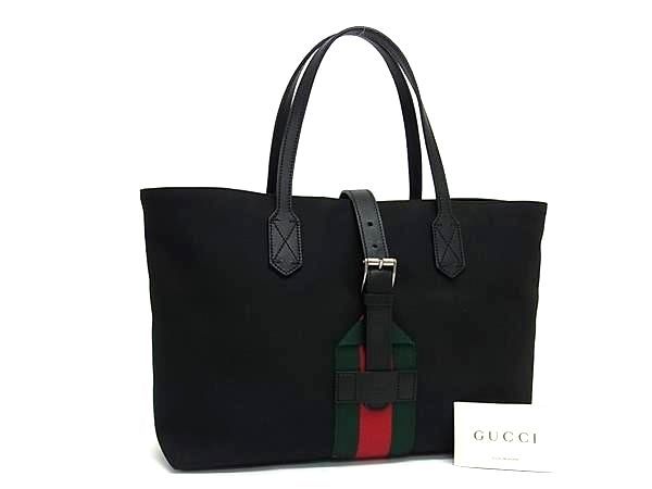 グッチ ナイロン バッグ（レディース） ■新品同様■ GUCCI グッチ 337070 シェリーライン ナイロン×レザー トートバッグ ショルダーバッグ ブラック系 FA1413