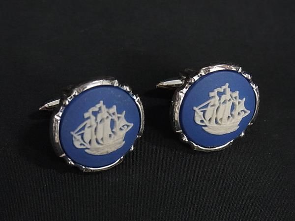 WEDGWOOD ウェッジウッド シップ 船 カフス カフリンクス アクセサリー メンズ ブルー系×シルバー系 DE7024 冠婚葬祭 結婚式 葬式