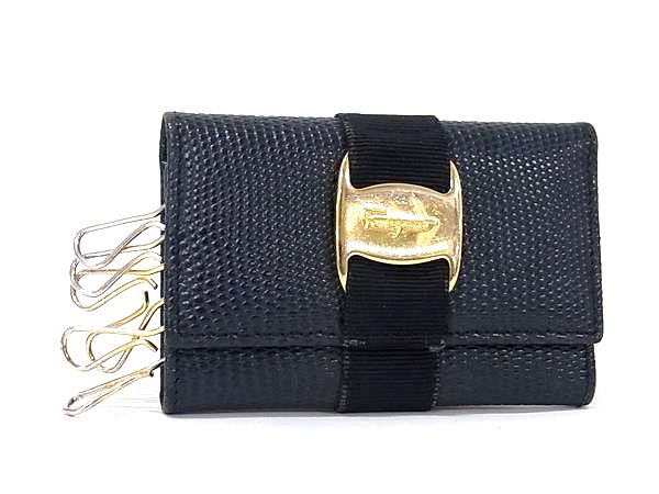 ■美品■ Salvatore Ferragamo フェラガモ ヴァラ リザード型押しレザー 6連 キーケース 鍵入れ メンズ ネイビー系 DL3928
