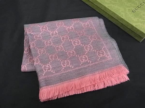 GUCCI - ■新品同様■ GUCCI グッチ GG柄 ウール100％ フリンジ マフラー 防寒具 レディース ピンク系×グレー系 FR7596
