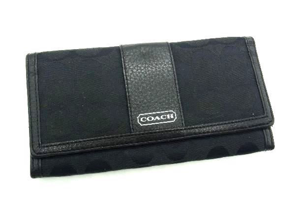 ■美品■ COACH コーチ シグネチャー キャンバス×レザー 二つ折り 長財布 ウォレット 札入れ 小銭入れ ブラック系 DE2280