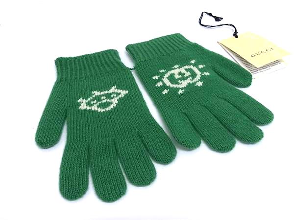 ■新品■未使用■ GUCCI グッチ 748425 ウール100％ 手袋 グローブ 防寒具 表記サイズL キッズ グリーン系×アイボリー系 BN9818