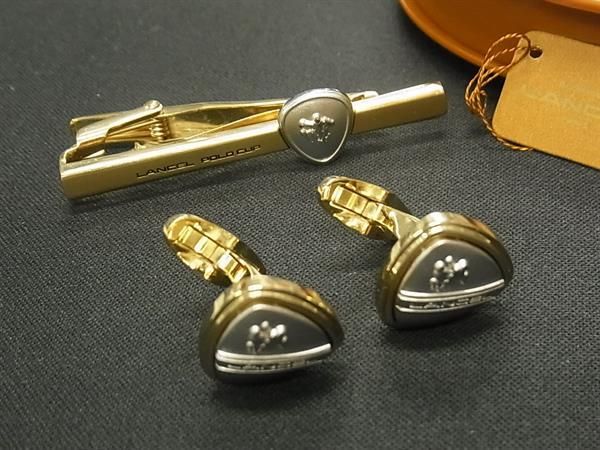 ■極美品■ LANCEL ランセル ネクタイピン カフス カフリンクス 2点セット ビジネス 紳士 メンズ シルバー系×ゴールド系 DE9742 冠婚葬祭 結婚...