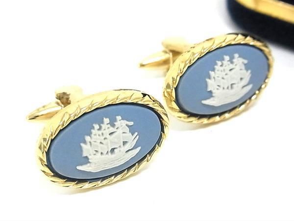 WEDGWOOD ウェッジウッド ジャスパー ガリオン カフリンクス ビジネス 紳士 メンズ ライトブルー系×ゴールド系 DE9904