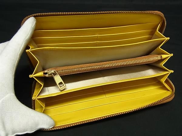 SAZABY サザビー クロコダイル型押しレザー ラウンドファスナー 長財布 ウォレット 札入れ 小銭入れ カード入れ イエロー系 DJ7946