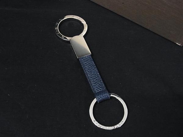 ■新品同様■ BVLGARI ブルガリ レザー キーホルダー キーリング メンズ レディース ネイビー系×シルバー系 FV3468