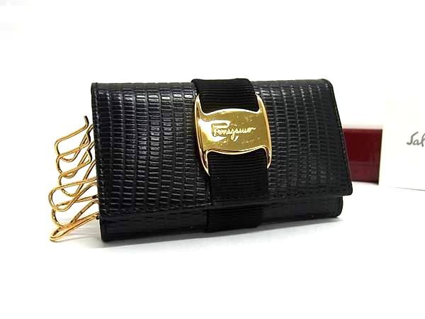 ■新品同様■ Salvatore Ferragamo フェラガモ IE-223056 ヴァラ リザード型押しレザー 6連 キーケース 鍵入れ ブラック系 HB0193