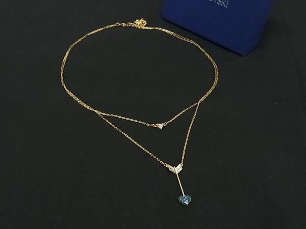 ■極美品■ SWAROVSKI スワロフスキー 2連 ラインストーン ハート 矢 アロー ネックレス アクセサリー レディース ゴールド系 BP1757
