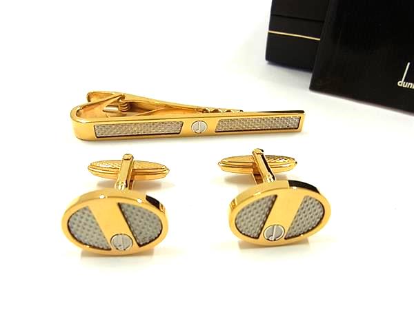 ■極美品■ dunhill ダンヒル カフスボタン カフリンクス ネクタイピン アクセサリー ビジネス 紳士 ゴールド系×シルバー系 DH5269 冠婚葬祭 結婚式 葬式
