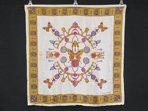 HANAE MORI ハナエモリ シルク100% 総柄 大判 スカーフ ストール ショール レディース ベージュ系 DI3465