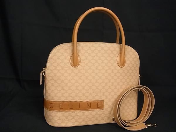 セリーヌ ショルダーバッグ（レディース） ■美品■ CELINE セリーヌ マカダム柄 PVC×レザー 2WAY ハンドバッグ ショルダーバッグ 肩掛け ベージュ系 AV4881