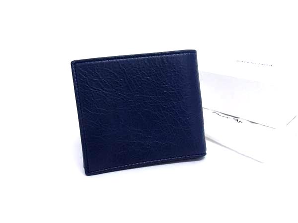 ■新品同様■ BALENCIAGA バレンシアガ 542001 スクエア コインウォレット レザー 二つ折り 財布 ウォレット ネイビー系 BL7559