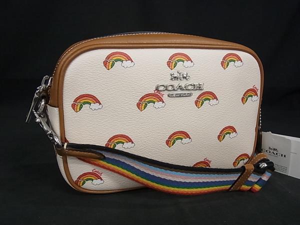 ■新品同様■ COACH コーチ CJ647 PVC×レザー レインボー 虹 クロスボディ ショルダーバッグ アイボリー系×マルチカラー BP1095