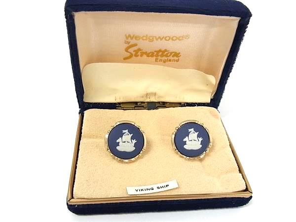 ■美品■ WEDGWOOD ウェッジウッド ジャスパー カフスボタン カフリンクス アクセサリー 紳士 メンズ ブルー系×ゴールド系 DI5809 冠婚葬祭 結...