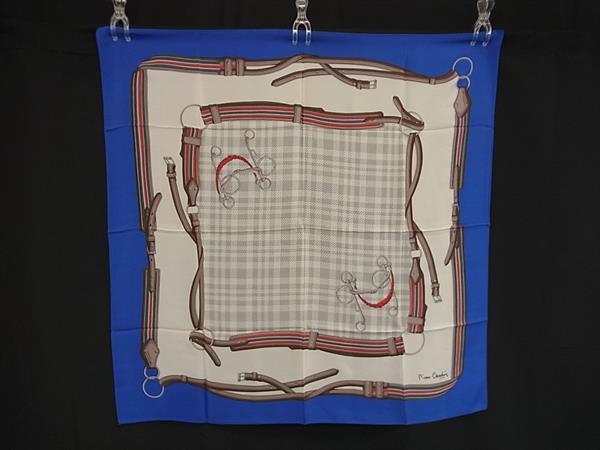 ■美品■ pierre cardin ピエールカルダン シルク100% ベルト柄 大判 スカーフ ストール ショール ブルー系×マルチカラー DP0196