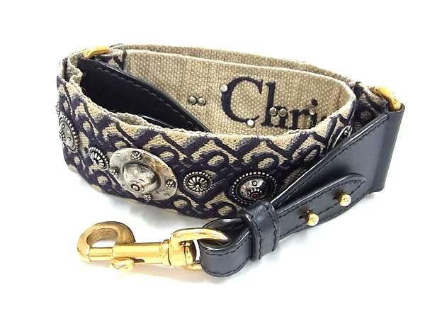 ■美品■ ChristianDior トロッター エンブロイダリー キャンバス バッグ用 ショルダーストラップ 肩掛け ネイビー系FF0405