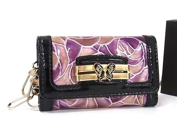 ANNASUI アナスイ パテントレザー バタフライ 蝶 キーリング付き 4連 キーケース 鍵入れ レディース パープル系×ブラック系 DM2156