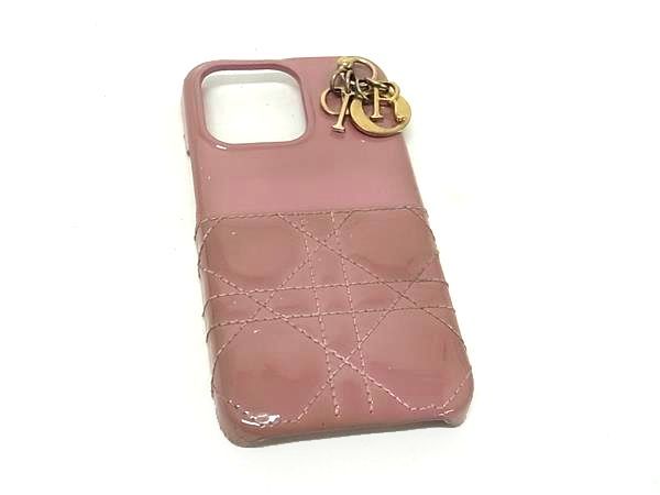 ChristianDior ディオール レディディオール カナージュ パテントレザー iPhone13Pro 対応 アイフォンケース ピンク系 BM9874