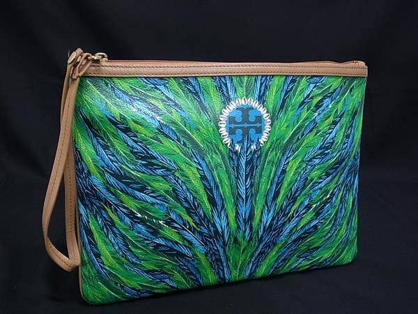 トリーバーチ ■美品■ TORY BURCH トリーバーチ PVC×レザー クラッチバッグ マルチポーチ マルチケース 小物入れ グリーン系×ブルー系 DK7651