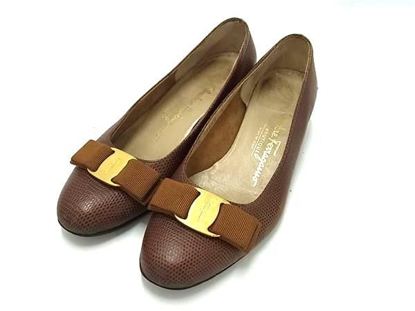 乐天商城 - Salvatore Ferragamo フェラガモ ヴァラリボン リザード型押しレザー パンプス サイズ 6 (約23.5cm) 靴 シューズ ブラウン系 DF7663