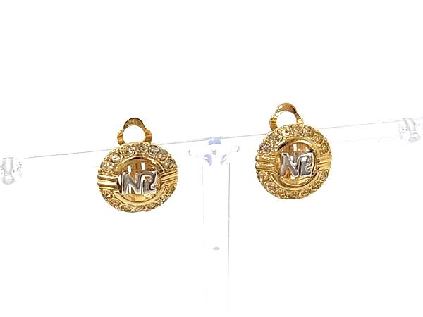 ■美品■ NINA RICCI ニナリッチ ラインストーン クリップ式 イヤリング アクセサリー レディース ゴールド系×シルバー系 DP0243