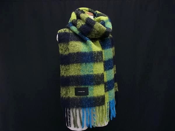 ■新品同様■ COACH コーチ アルパカ×ポリアミド フリンジ マフラーストール ショール レディース メンズ グリーン系 FF7750