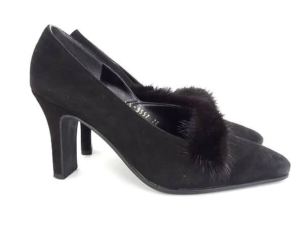 ■極美品■ LANVIN ランバン スエード×ファー ヒール パンプス 表記サイズ 22 (約24.0cm) 靴 シューズ レディース ブラック系 DF7576