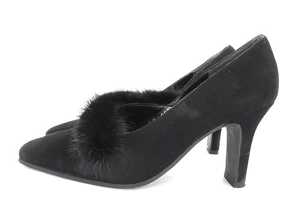 ■極美品■ LANVIN ランバン スエード×ファー ヒール パンプス 表記サイズ 22 (約24.0cm) 靴 シューズ レディース ブラック系 DF7576