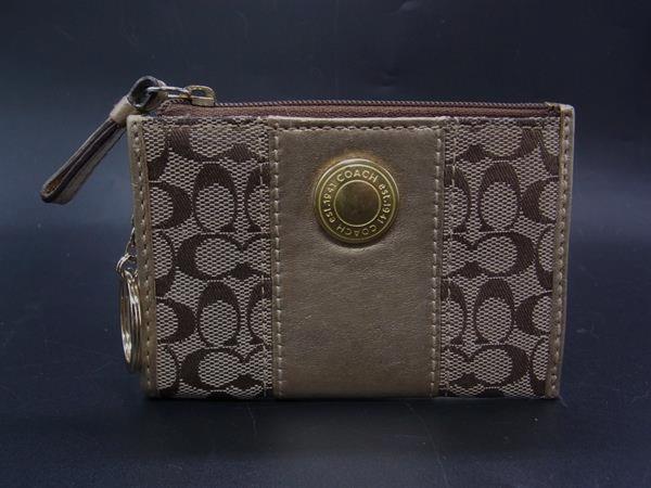 COACH コーチ ミニシグネチャー キャンバス×レザー カードケース コインパース コインケース ブラウン系 DJ6525