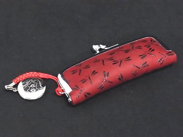 ■美品■ 印傳屋 INDEN-YA インデンヤ 鹿革 漆塗り トンボ がま口 印鑑ケース リップケース レディース ..