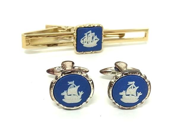 ■美品〜■ WEDGWOOD ウェッジウッド ジャスパー カフス ネクタイピン 2点まとめ メンズ ブルー系×ゴールド系×シルバー系 DE5261 冠婚葬祭 結...