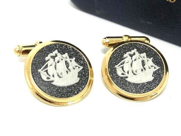 ■美品■ WEDGWOOD ウェッジウッド カフスボタン カフリンクス アクセサリー メンズ ゴールド系×グレー系×アイボリー系 DF6330 冠婚葬祭 結婚式...