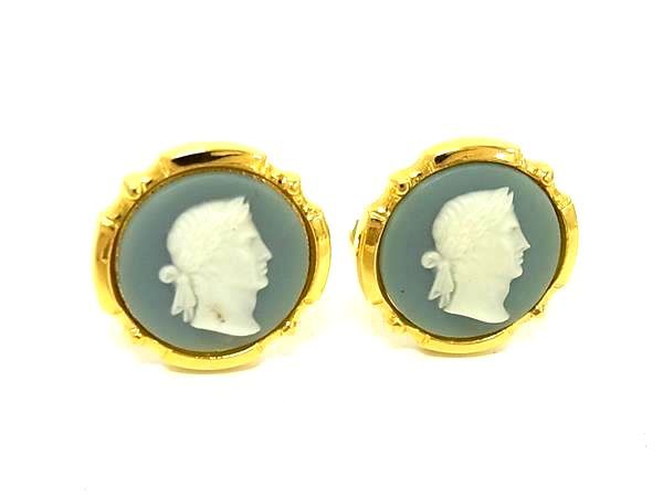 ■美品■ WEDGWOOD ウェッジウッド ジャスパー カフリンクス カフスボタン アクセサリー メンズ ブルー系×ゴールド系 DF7926 冠婚葬祭 結婚式 ...
