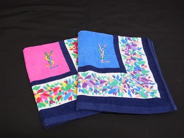 ■新品同様■ YVESSAINTLAURENT イヴサンローラン コットン100％ ハンドタオル タオルハンカチ ブルー系×ピンク系 DM1402