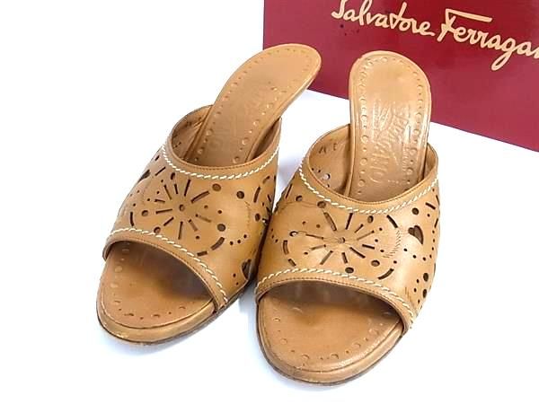 樂天商城 - Salvatore Ferragamo フェラガモ レザー パンチング ヒール サンダル 表記サイズ4 1/2 (約22cm) 靴 レディース ブラウン系 DF7025